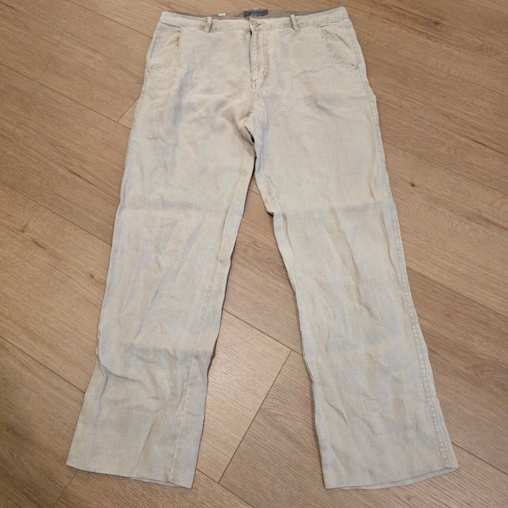 Gray Saks Fifth Avenue Women Sz 32 100% Linen Straight Leg Pants Beige Lagenlook
